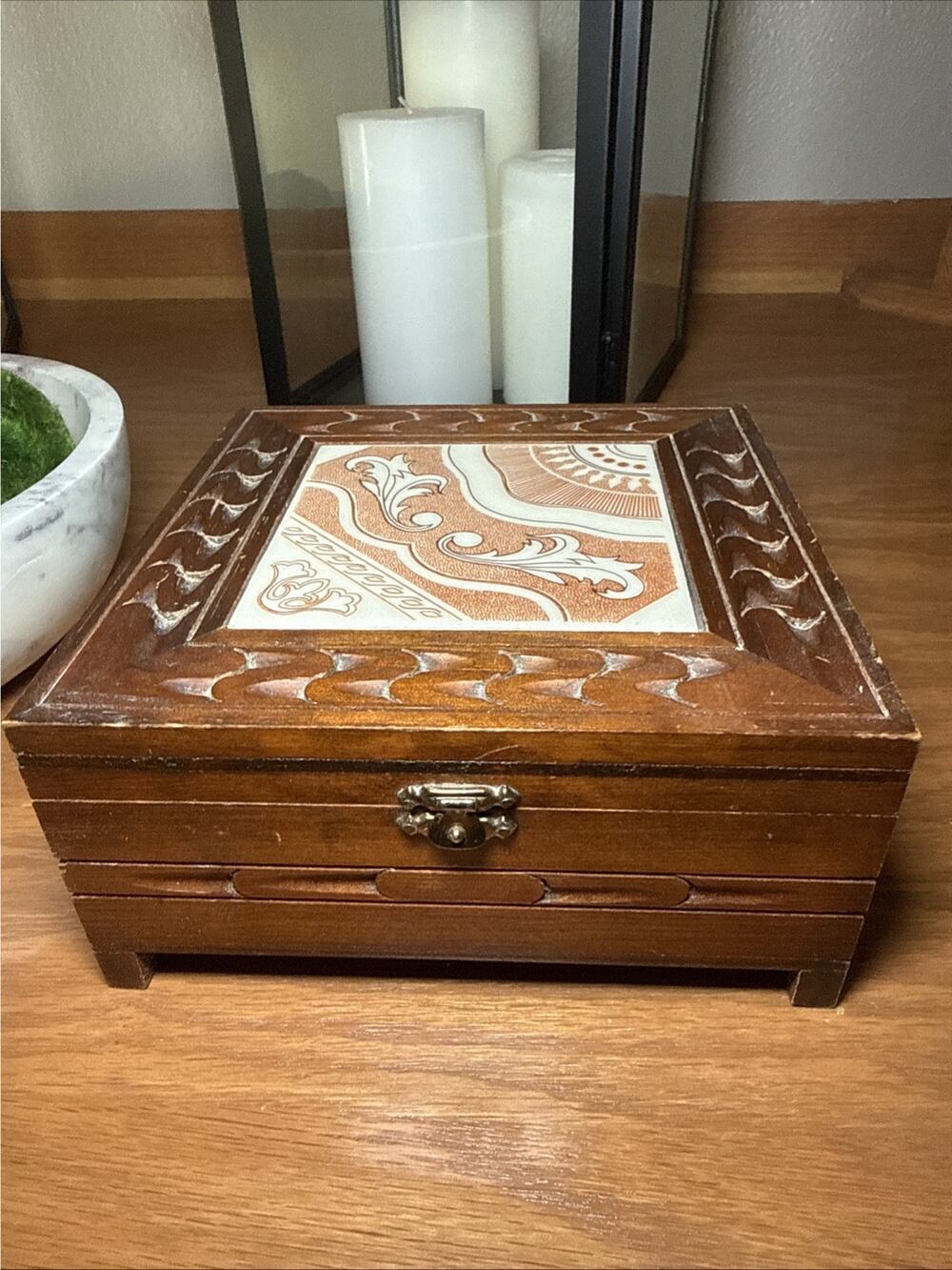 Vintage Carved Wood Tile Top Box Boho Jewelry Keepsake Rustic Decor 7x7x3.25"